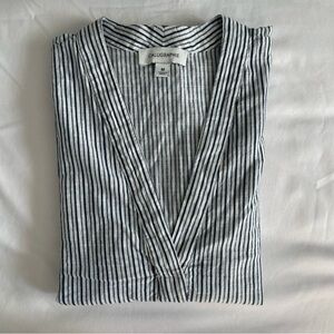 Calligraphie 100% Cotton Blue Gray White Striped V-Neck Boxy Boho Casual Blouse